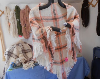 Handwoven Triangle Wool Shawl: Natural White, Brown & Peach