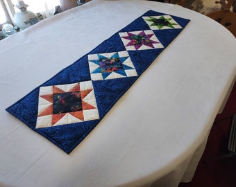 Star Pattern Table Runner: Hand Quilted Cotton, Butterfly Floral Center
