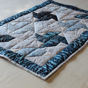 Hand Quilted Winter Table Runner: Blue, Silver, and Gold Cotton