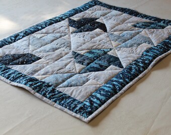 Hand Quilted Winter Table Runner: Blue, Silver, and Gold Cotton