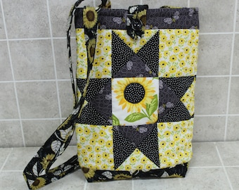 Hand Quilted Sunflower & Bee Handbag: Long Handle Cotton Tote