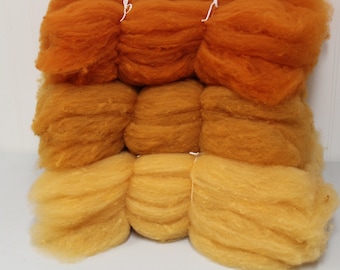 Orange carded Corriedale wool, natural plant dye of Dahlia flowers, 3 shades of orange, great for felting