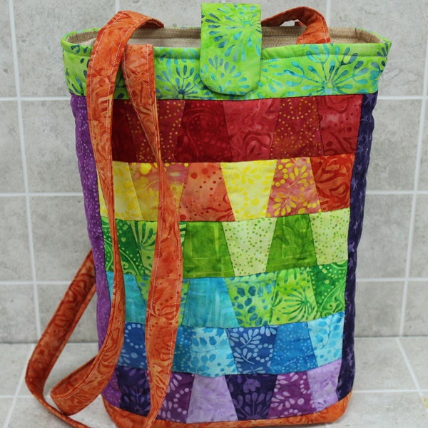 Bright Batik hand bag, a rainbow of colors in a mini tumbler style, long handles, hand quilted, liner with zipper or open pocket