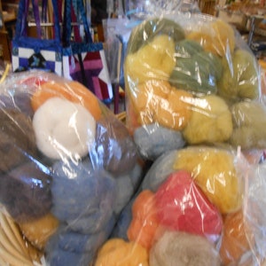 Sample bags of natura and natural plant dyed wool, an assortment of colors, 4 to 5 ounces of carded wool, great for small felting projects.