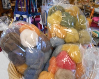 Sample bags of natural, natural plant dyed wool, assortments, 4 to 5 ounces of carded wool, also Stuffing wool 8 oz. bags
