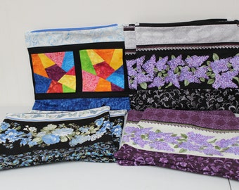 Large Zipper Pouch: Quilted Cotton, Floral Patterns (14x12 inches)