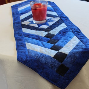 Hand Quilted Blue Table Runner: Star Center, Braid Design