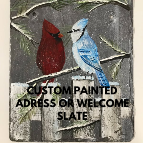 Custom Painted Welcome Or Address Slate With Birds In Any Setting, Personalized How You Would LIke, Welcome Or House Number