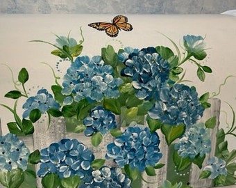 Mailbox Painted Monarch Butterflies And Blue Hydrangeas, Decorative Art Mailbox For Unique Gift Idea