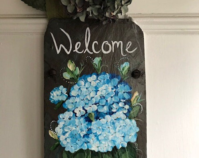 Welcome Door Hanger Hand Painted Blue Hydrangeas Welcome Or Address Slate Sign, Original Art, Custom Personalized Address Sign MADE TO ORDER