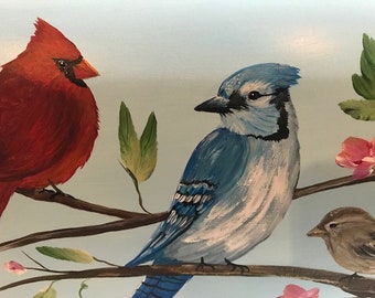 Painted Mailbox With Birds, Cardinals On Mailbox With Blue Jays Or Any 4 Birds On Each Side With Branches And Blossoms, Painted Unique Gift