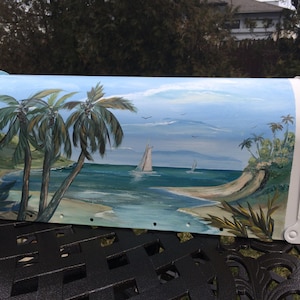 Hand Painted Mailbox, Beach Mailbox, Coastal  Mailboxes, Palm Trees,Unique Mailbox Art, Island Beach Theme, Artistic Detail, Creative Art