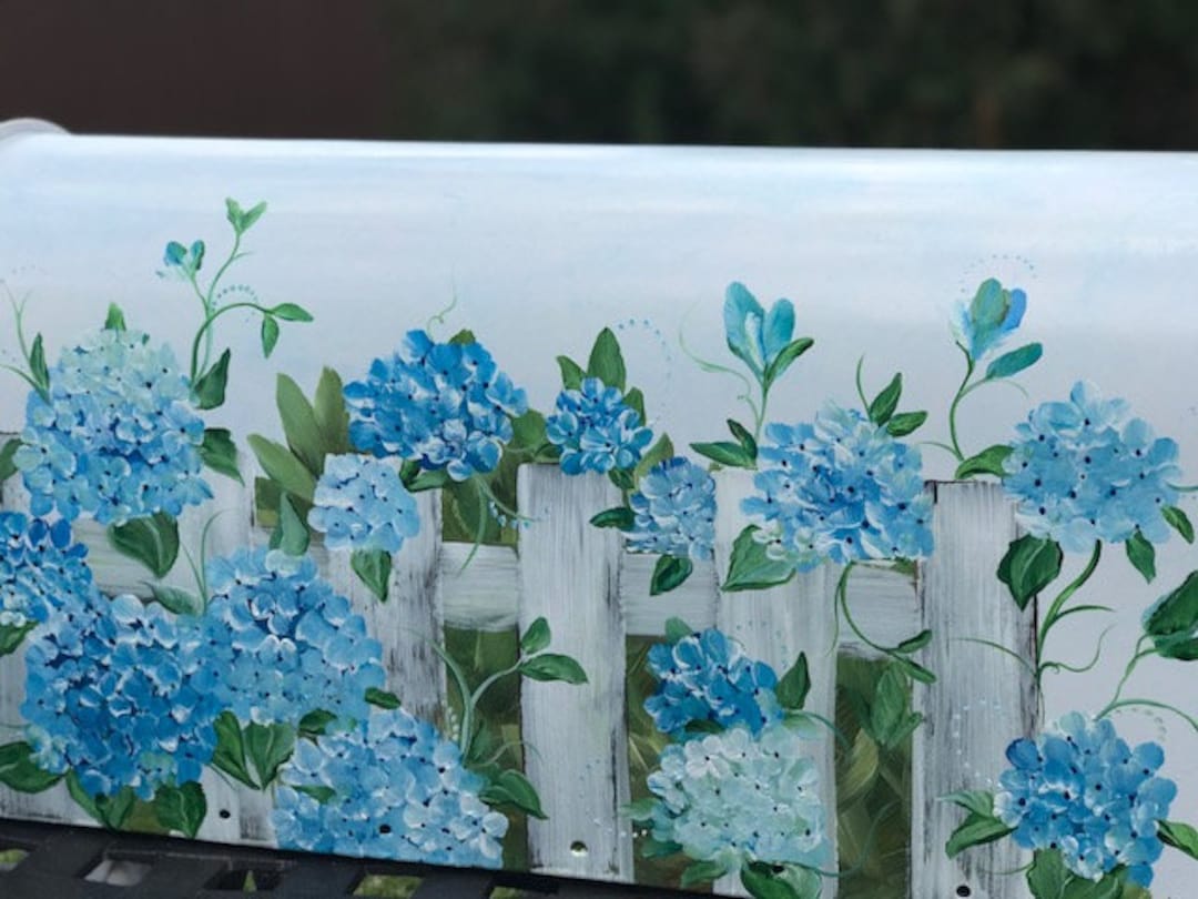 Hydrangea Mailbox, Blue Flowers and Picket Fence Design, Original Art