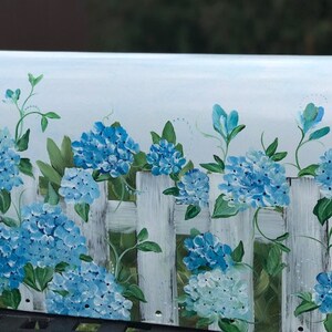 Hydrangea Mailbox, Blue Flowers And Picket Fence Design, Original Art For Mailboxes, Uniquely Painted Mailboxes, Lisa kirwan Mailbox Art