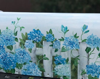 Hydrangea Mailbox, Blue Flowers And Picket Fence Design, Original Art For Mailboxes, Uniquely Painted Mailboxes, Lisa kirwan Mailbox Art