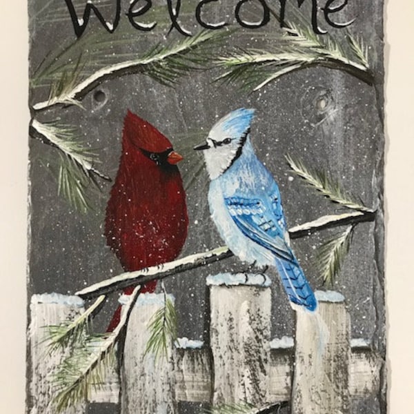 Blue Jay Cardinal Painted Welcome Slate, Hand Painted Birds In Winter Snow Scene, Snowy Pine Needles And Weathered Picket Fence Personalized