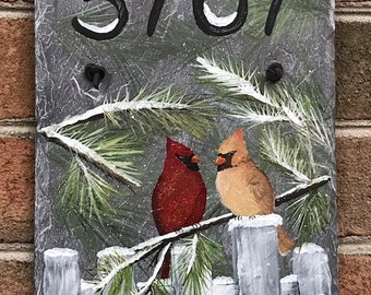 Painted Slate, Winter Cardinals Painting, Address Slate, Personalized Welcome Or Address Slate, Custom Decorative Painting, Painted Gifts