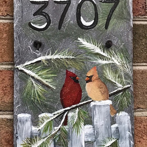 Painted Slate, Winter Cardinals Painting, Address Slate, Personalized Welcome Or Address Slate, Custom Decorative Painting, Painted Gifts