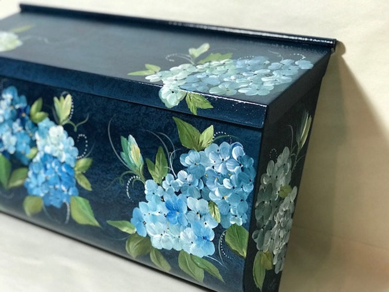 Painted Wall Mount Mailbox, Blue Hydrangeas Hand Painted Floral Mailboxes, Decorative Mailbox, Outside Art, Painted Gifts image 6