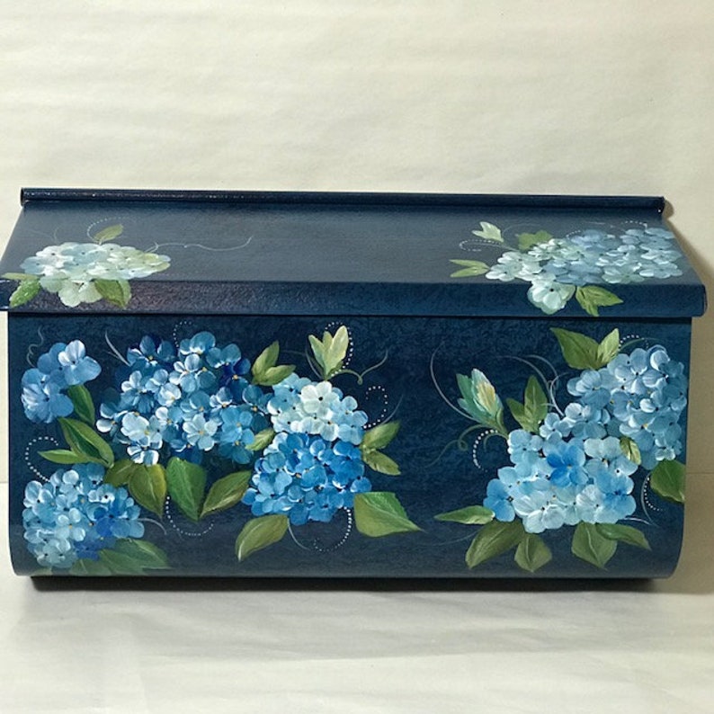 Painted Wall Mount Mailbox, Blue Hydrangeas Hand Painted Floral Mailboxes, Decorative Mailbox, Outside Art, Painted Gifts image 3