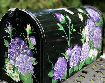 Purple Painted Hydrangea And Daisy Mailbox Black Rural Mailbox Purple Floral White Daisy And Creamy Yellow Buds With Butterflies, Mom Gift