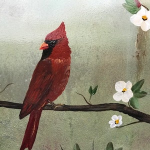 May include: A red cardinal bird perched on a branch with white flowers. The background is a light green color.