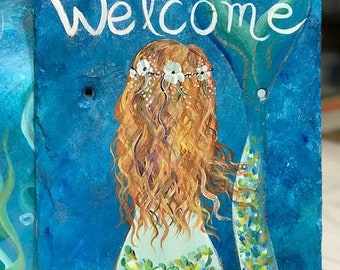 Mermaid Welcome Slate, Hand Painted Original Mermaid Painting On Slate, Outdoor Mermaid Art, Personalized Welcome Slate
