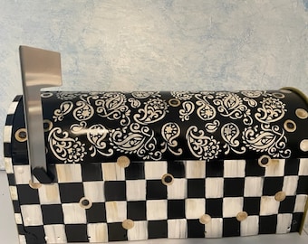 Hand Painted Paisley And Checkered Large Black Rural Mailbox With Silver And Gold Accents, Silver Metal Flag