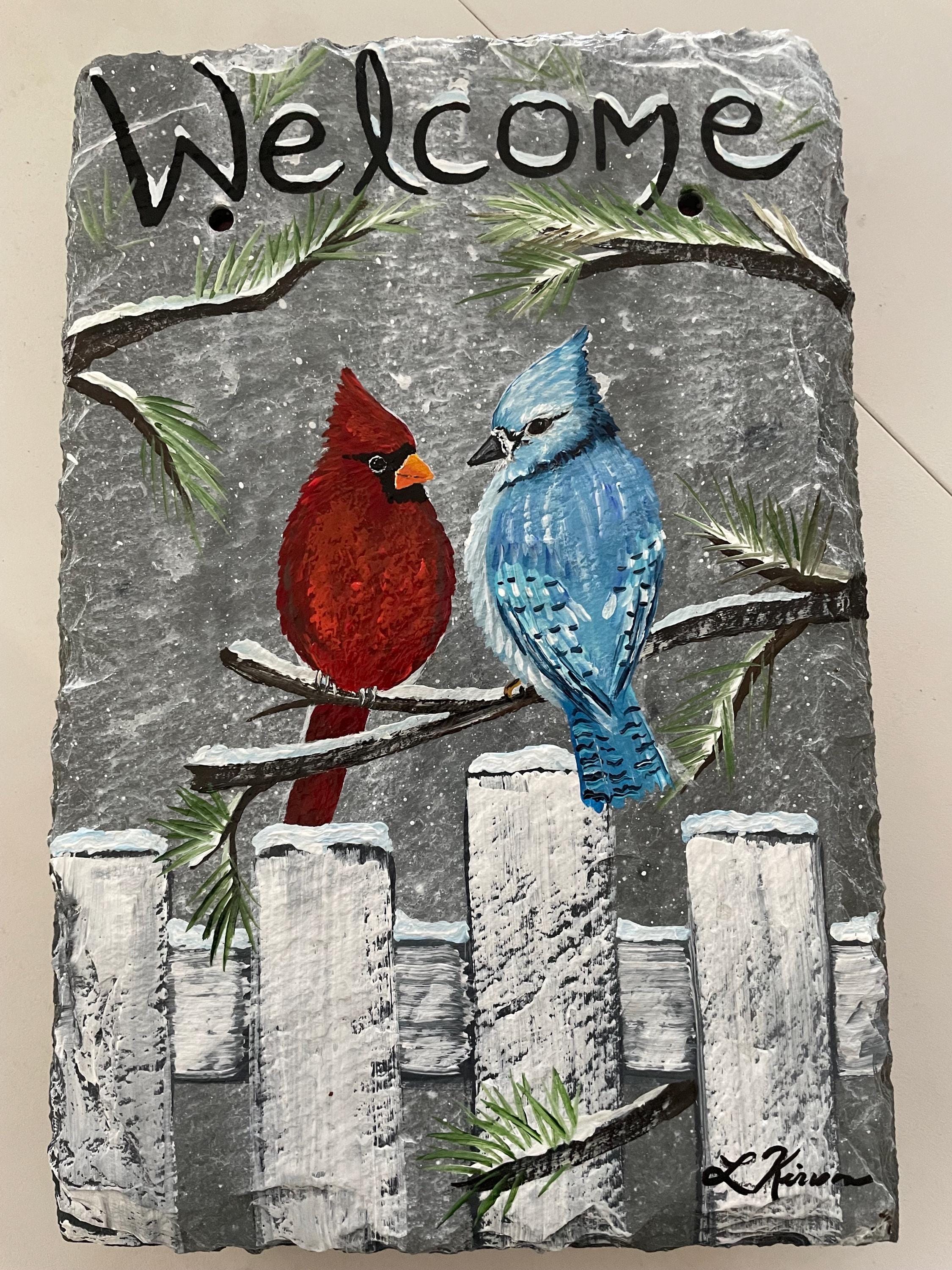 Blue Jay Cardinal Painted Welcome Slate, Hand Painted Birds In Winter Snow Scene, Snowy Pine Needles And Weathered Picket Fence Personalized