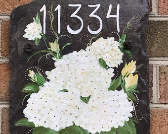 Address Or Welcome Painted Slate Sign White Hydrangeas Buttery Yellow Blossoms Hand Painted Door Hanger Gift