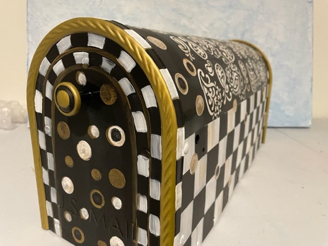 Hand Painted Paisley Checkered Mailbox, Black & Gold Accents - Etsy