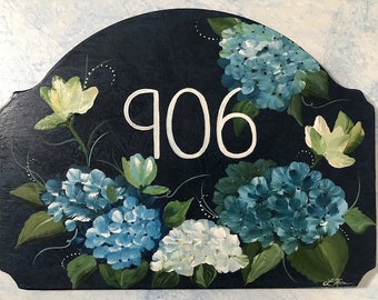 Painted Wood Address Plaque Unique Gift For Realtor Closing, Decorative Background Blue Hydrangeas And Blossoms, Floral Porch Decor Gift
