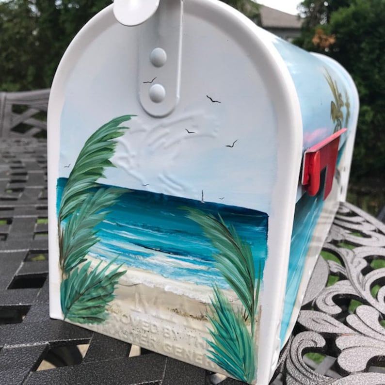 Hand Painted Mailbox Beach Mailbox Coastal Mailboxes Palm Etsy