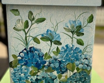 Smaller Mailbox Wall Mount Painted Locking Optional, Cottage Decor, Blue Hydrangeas With Weathered Fence, Original Decorative Mailbox Art