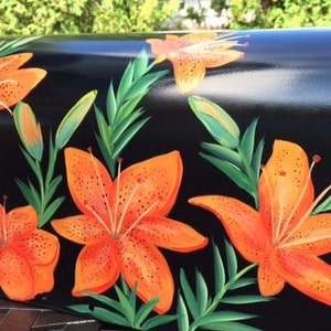 Painted Tiger Lily Mailbox, Orange Flowers Hand Painted Mailbox, Custom Mailbox, Creative and Unique Mailboxes, Decorative Art image 1