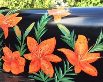 Painted Tiger Lily Mailbox, Orange Flowers Hand Painted Mailbox, Custom Mailbox, Creative and Unique Mailboxes, Decorative Art