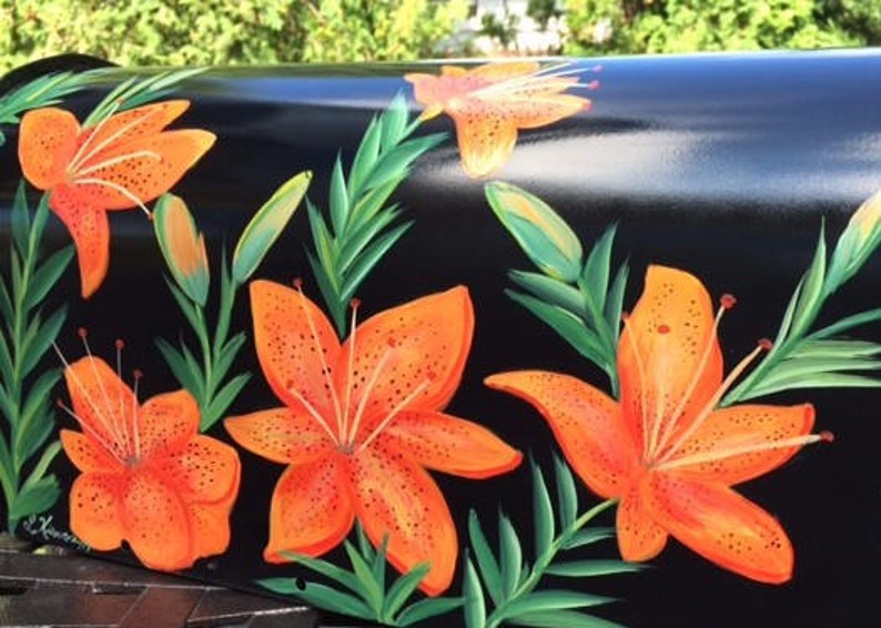 Painted Tiger Lily Mailbox, Orange Flowers Hand Painted Mailbox, Custom Mailbox, Creative and Unique Mailboxes, Decorative Art image 1