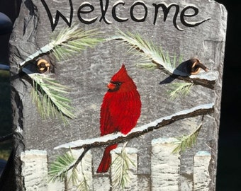 Personalized Red Cardinal Painted Welcome Or Address Slate, Hand Painted Welcome Plaque, Personalized Welcome Sign