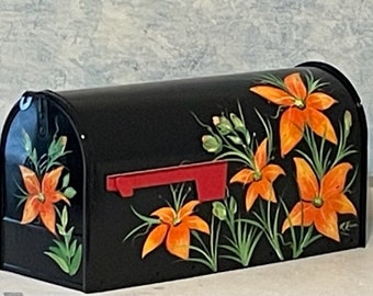 Large Orange Lily Mailbox Hand Painted Original Decorative Art Black Rural Post Mailbox Gift, Floral Art For Exterior