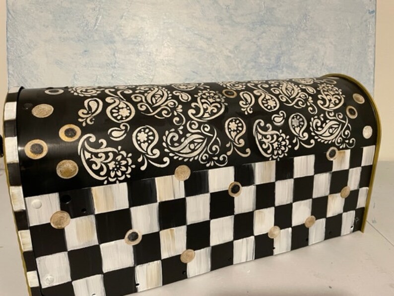 Hand Painted Paisley Checkered Mailbox, Black & Gold Accents - Etsy