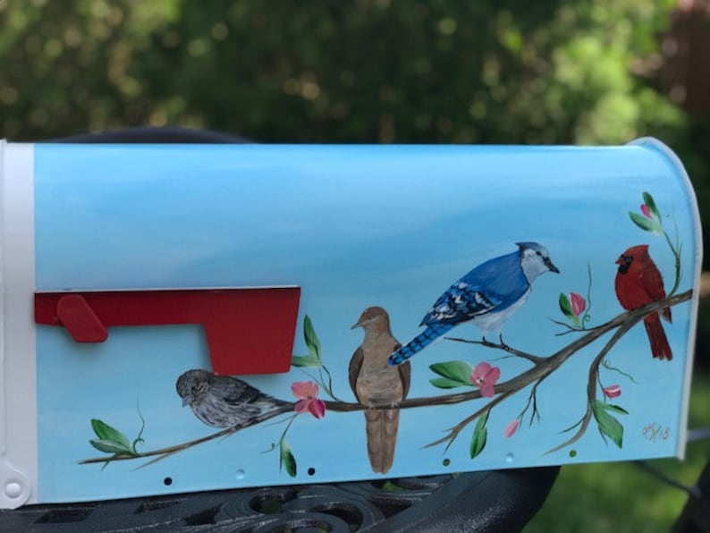Painted Unique Gift Painted Mailbox With Birds Cardinals On Mailbox With Blue Jays Or Any 4 Birds On Each Side With Branches And Blossoms