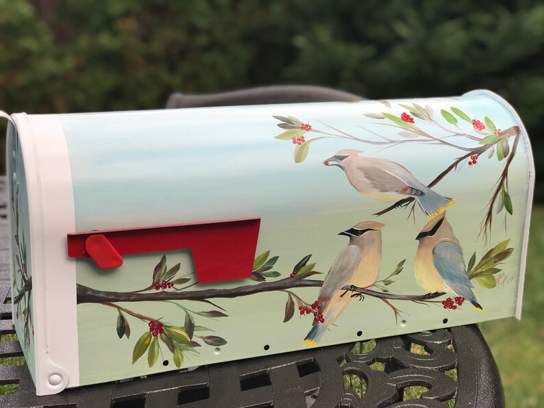 Hand Painted Mailboxes Bird Themed Mailbox Art Cedar Waxwing Etsy