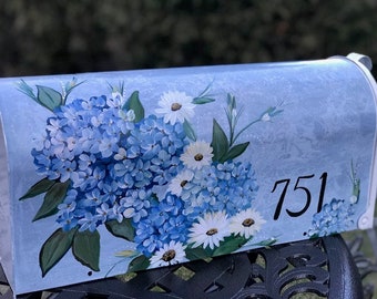 Hydrangea And Daisy Painted Mailbox Blue/Lavender/Floral Decorative Mailbox Art, Rural Mailbox Hand Painted Gift For Mom