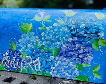 Bold Vibrant Blue Decorative Mailbox Featuring Hydrangeas In Purples And Blues, Uniquely Artful Background Hand Painted Original Artwork