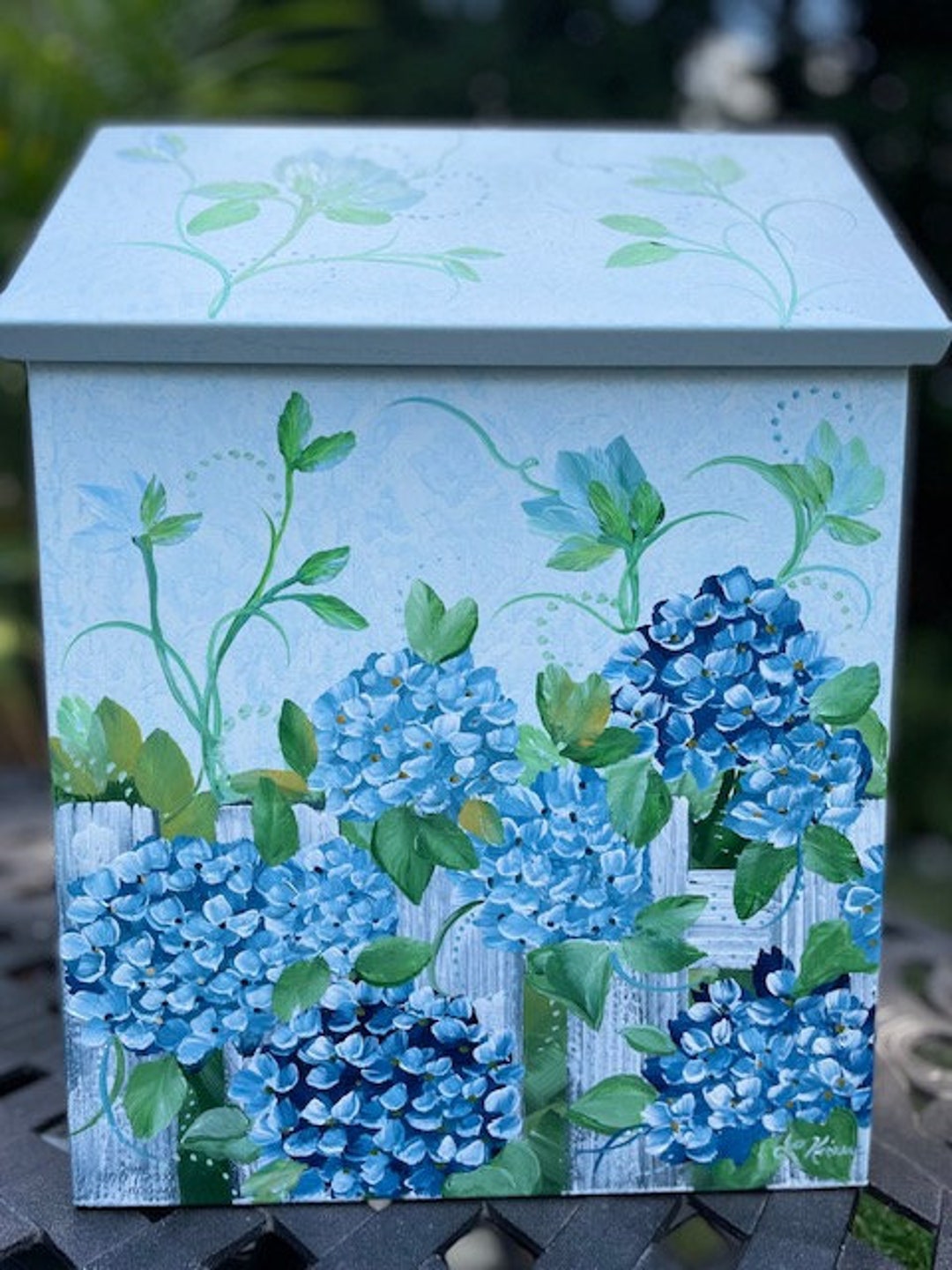 Blue Hydrangea Painted Mailbox Wall Mounted Decorative Original Lisa