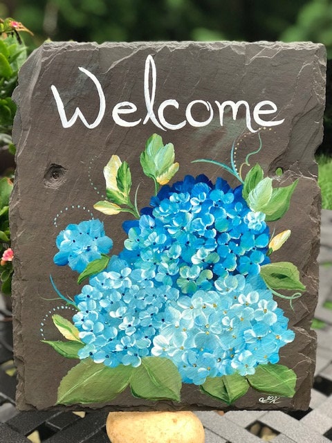 Hand Painted Blue Hydrangeas Welcome Slate, Natural Stone Slate