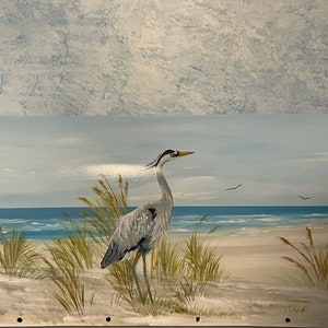 Blue Heron Beach Mailbox Hand Painted Ocean Sky And Beach Sand Dunes, Sea Bird Mailbox Coastal Decor Gift For Coastal Bird Lover