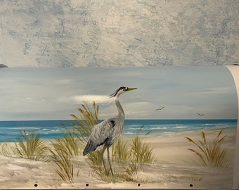 Blue Heron Beach Mailbox Hand Painted Ocean Sky And Beach Sand Dunes, Sea Bird Mailbox Coastal Decor Gift For Coastal Bird Lover
