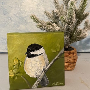 Black- Capped Chickadee Painting Small  5&quot;x 5&quot; Acrylic Bird Artwork, Gift For Bird Lover, Song Bird Original Painting On Canvas