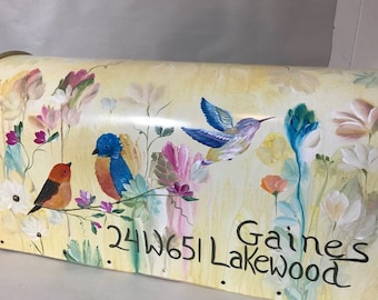 Artistic Style Birds Mailbox, Painted Unique Mailbox, Flowers And Birds Custom Mailbox, Wildflowers Mailbox, Hummingbirds, Bird Art